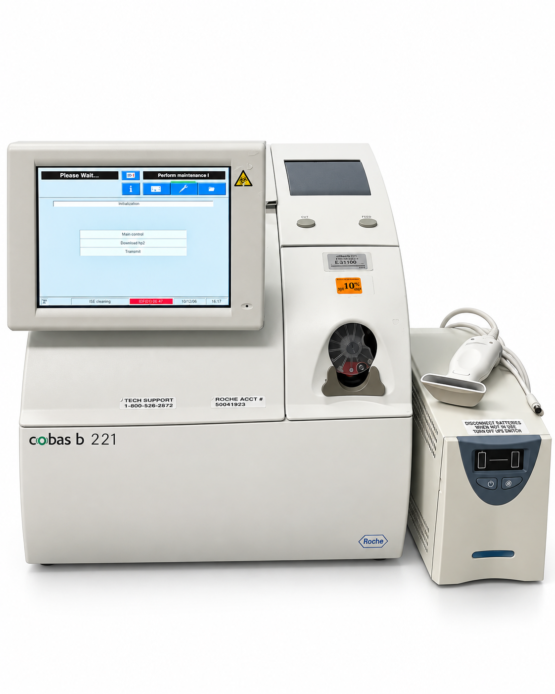 Roche cobas b 221 analyzer with barcode reader and UPS on white background