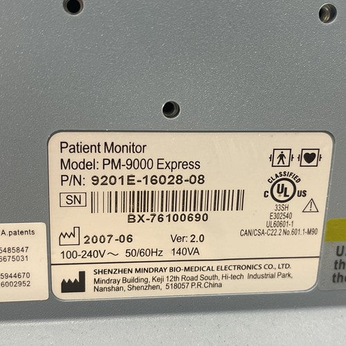 Mindray PM-9000 Express Patient Monitor ECG NIBP Sp02 T1 T2 Printer
