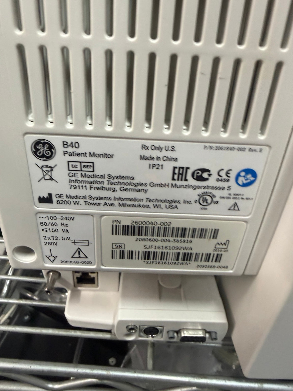 GE B40 rear identification label