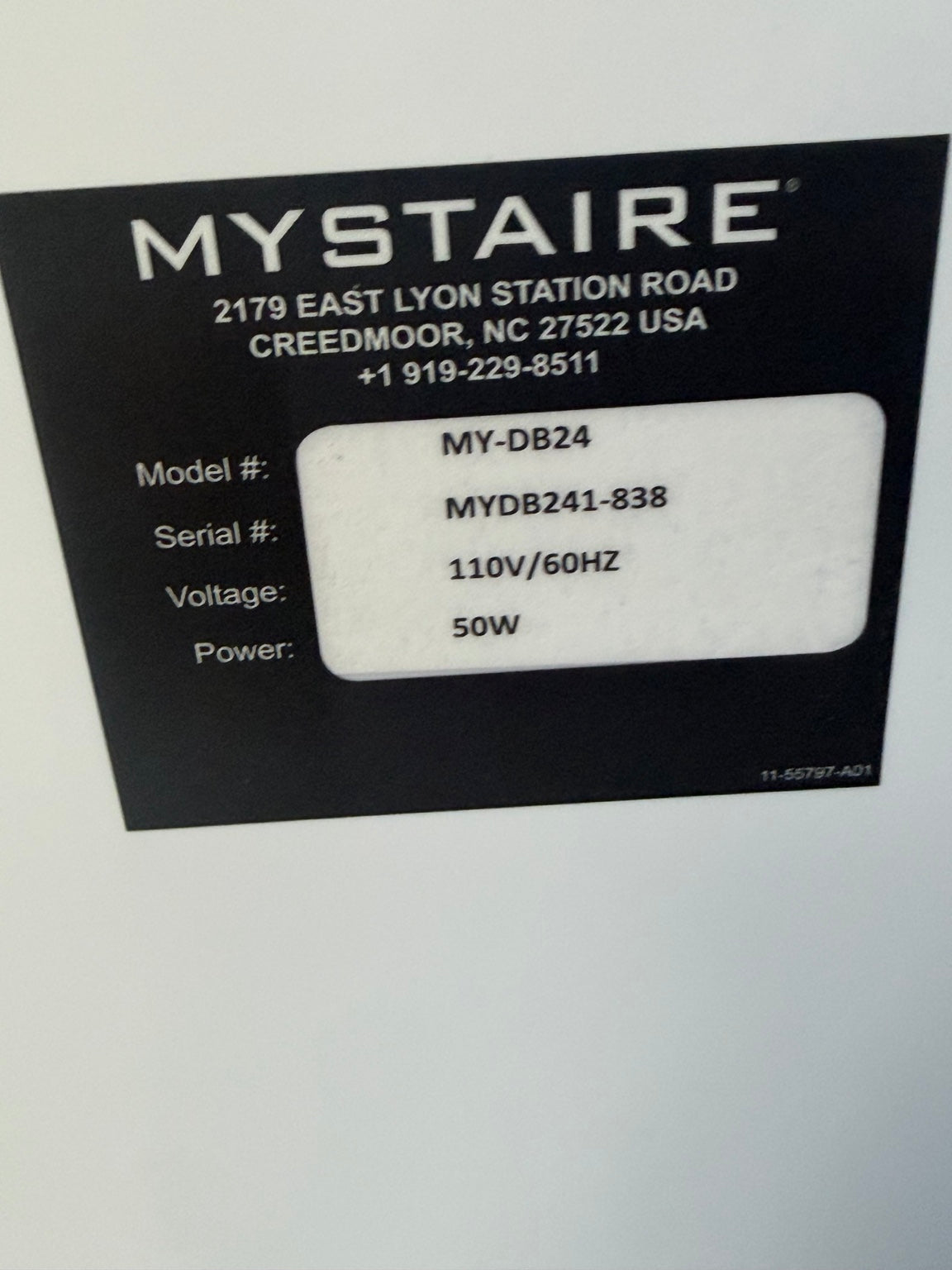 Mystaire MY-DB24 model and electrical specification label