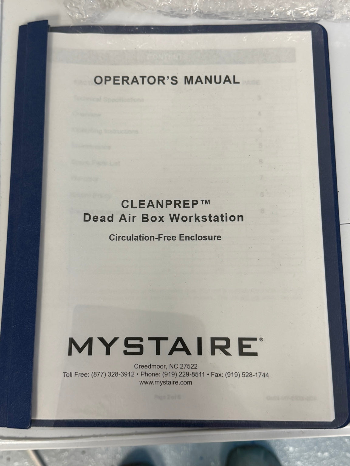 Mystaire CleanPrep Dead Air Box Workstation operator's manual