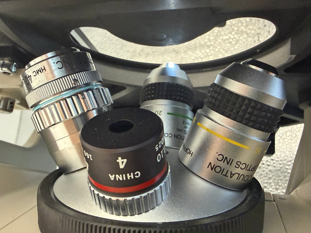 Nikon TMS inverted microscope four-position objective turret with 4x 10x 20x and 40x objectives