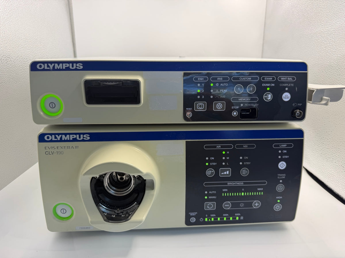 Olympus EVIS EXERA III CV-190 video processor with CLV-190 light source powered on