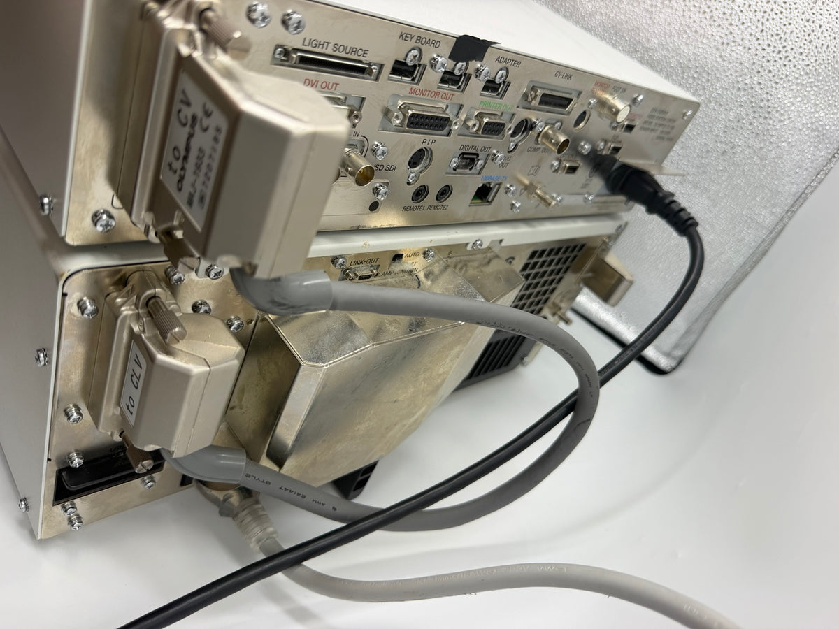 Rear connections of Olympus CV-190 video processor and CLV-190 light source with connector cable