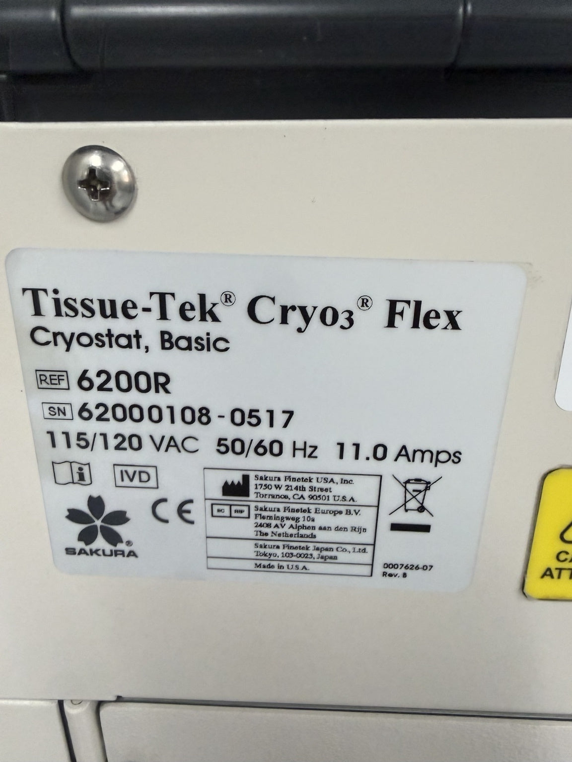 Sakura Tissue-Tek Cryo3 Flex 6200R data plate serial 62000108-0517