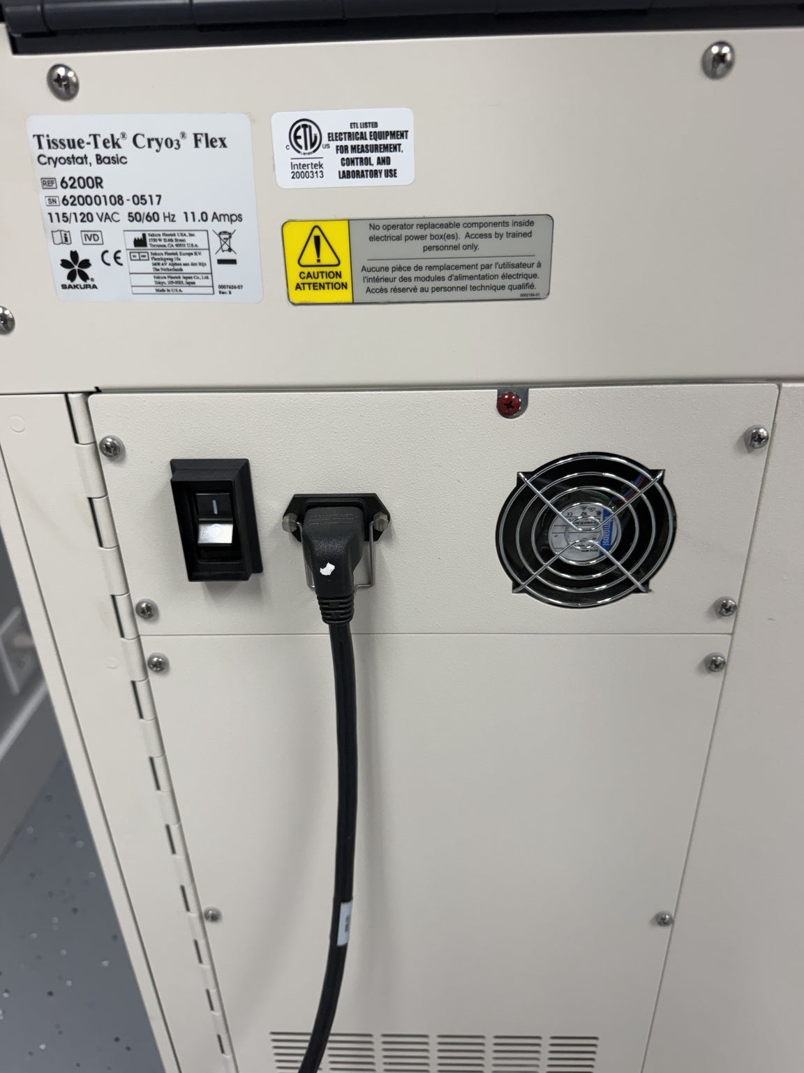 Sakura Tissue-Tek Cryo3 Flex 6200R rear power switch and fan